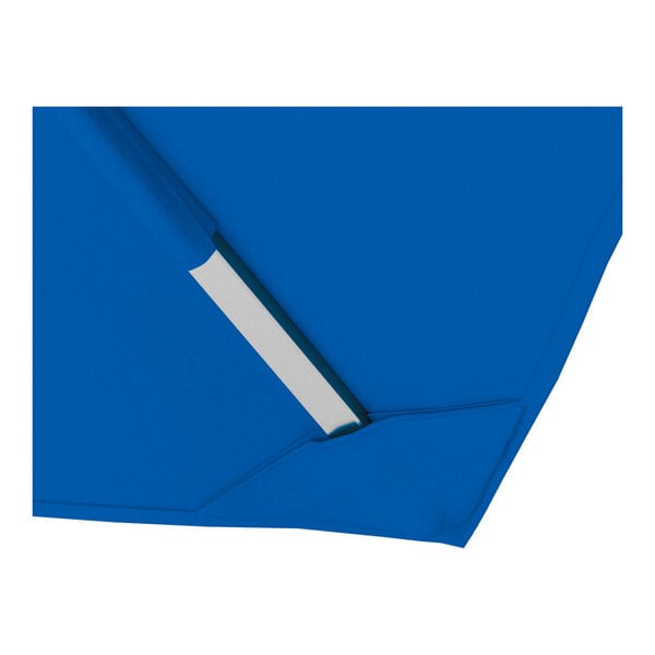 A close-up of a blue square cantilever umbrella with a silver aluminum support arm.