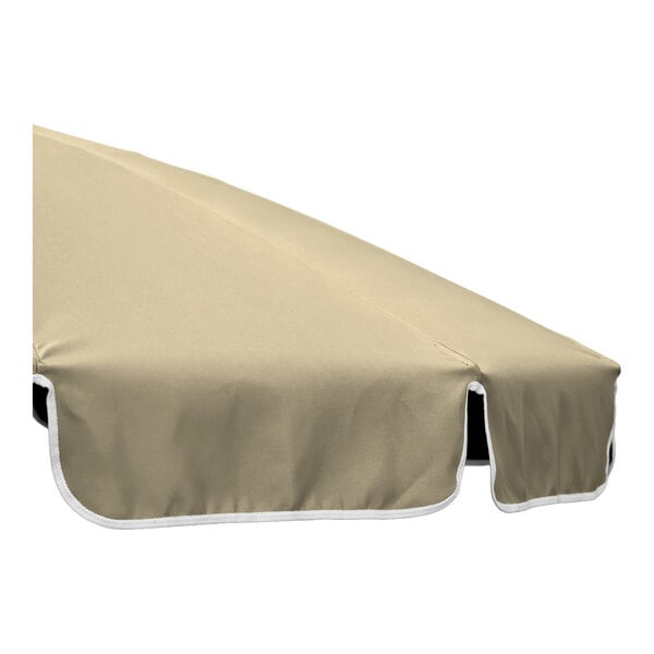 An antique beige round umbrella canopy with natural binding and a black aluminum pole.