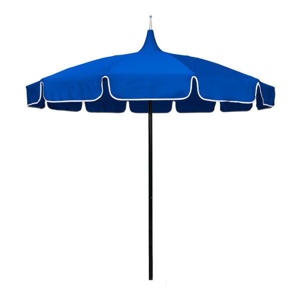A round blue outdoor umbrella with a black aluminum pole and white trim.