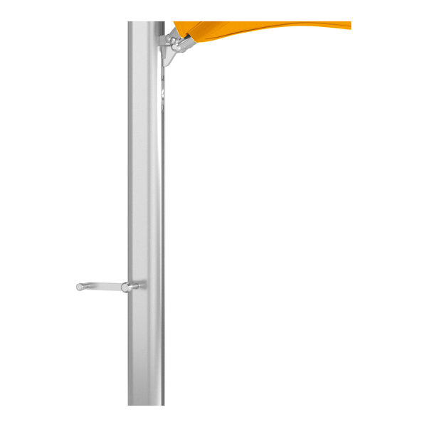 A silver aluminum cantilever umbrella base with a sunflower yellow canopy.