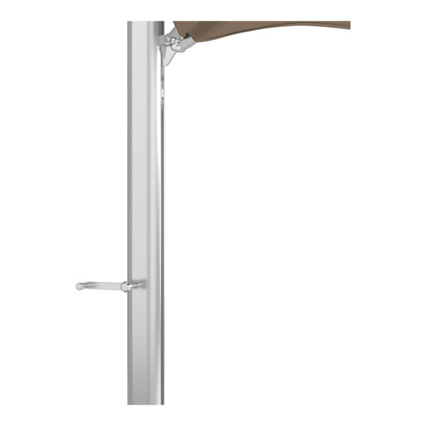 A silver aluminum cantilever umbrella pole with a taupe Sunbrella canopy partially visible at the top.