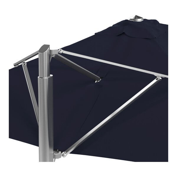 A navy blue square cantilever umbrella with a silver aluminum base and frame.