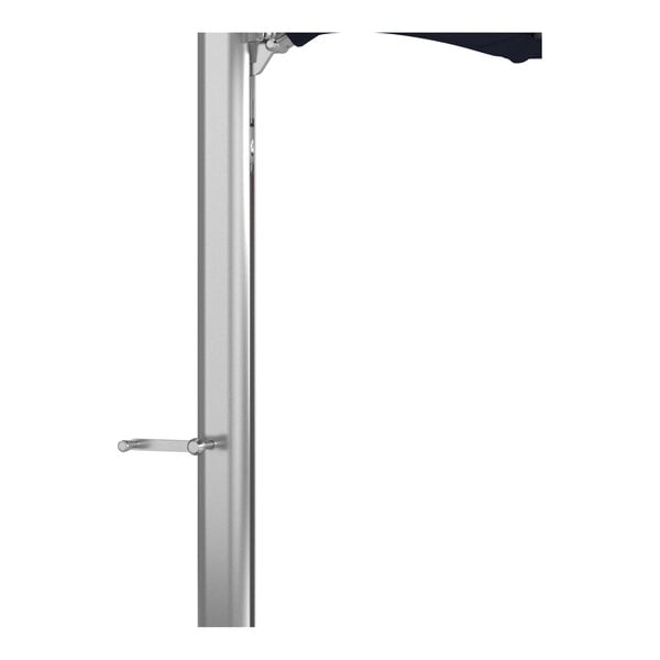 A silver aluminum cantilever umbrella pole with a navy blue canopy partially visible at the top.