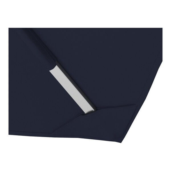 A navy blue square cantilever umbrella with a silver aluminum base and Sunbrella awning-grade canopy.