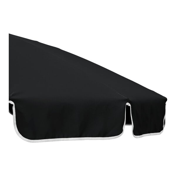 An outdoor black round umbrella canopy with white trim and a black aluminum pole.