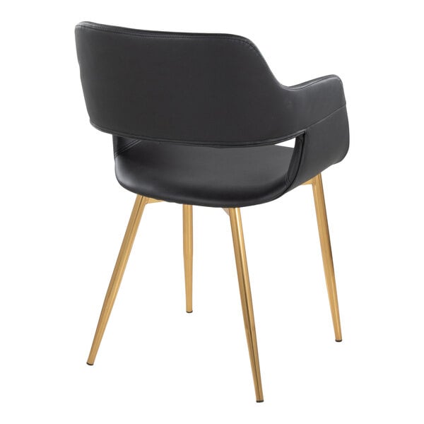 LumiSource Margarite Gold Metal Chair with Black Faux Leather Bucket Seat and Armrests - 2/Case