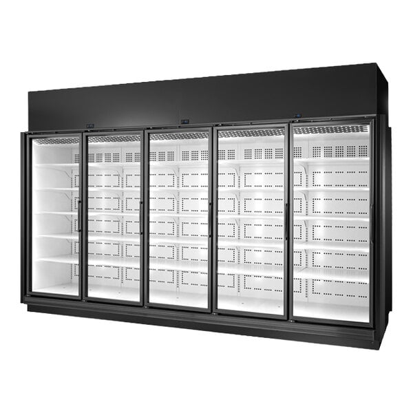 A large black glass door merchandiser freezer with five sections and LED lighting.