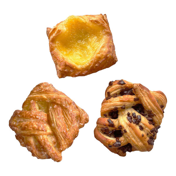 An assortment of three mini Danish pastries, including a plain, a fruit-filled, and a chocolate-topped variety.