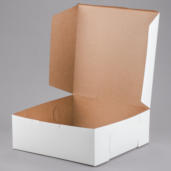 A large white bakery box with a hinged lid, designed for cakes or baked goods.