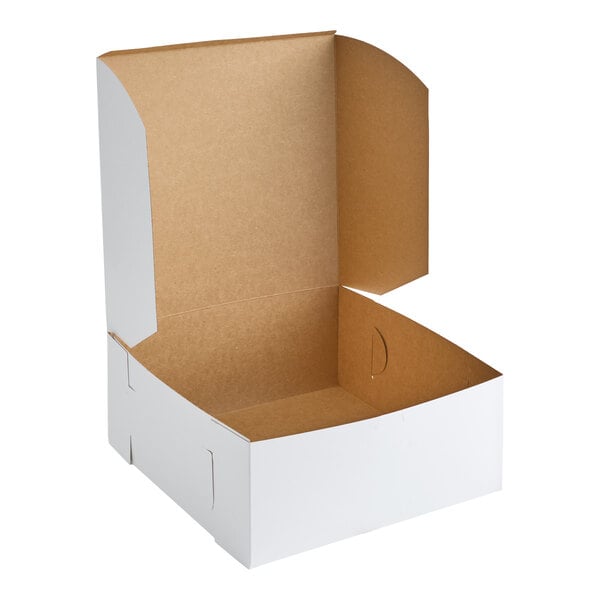 An open, empty white cardboard box with a brown interior, shown against a plain background.