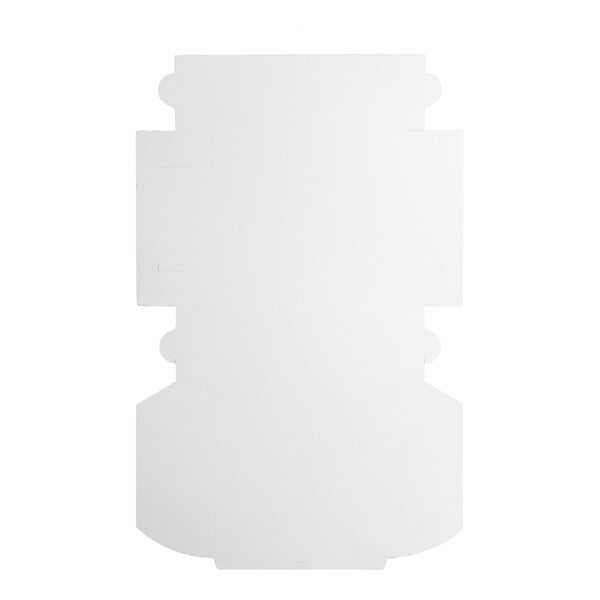 A flat, unfolded white cardboard sheet with pre-cut lines and tabs, likely intended for assembly into a box.