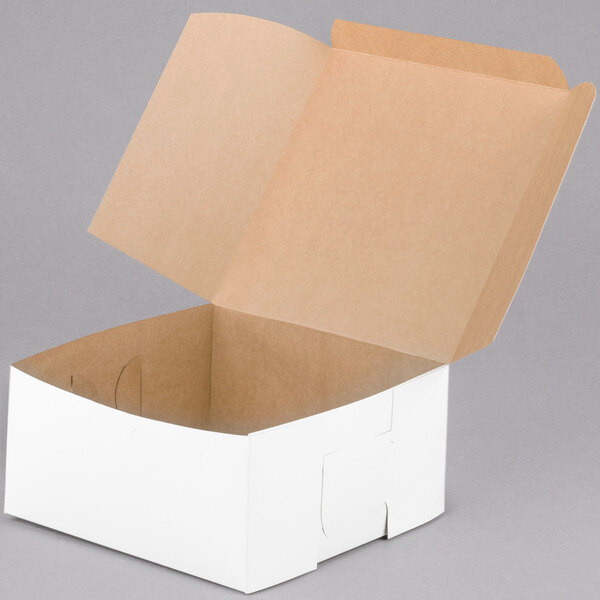 A white bakery box with a partially open lid, measuring 8 inches by 8 inches by 4 inches.