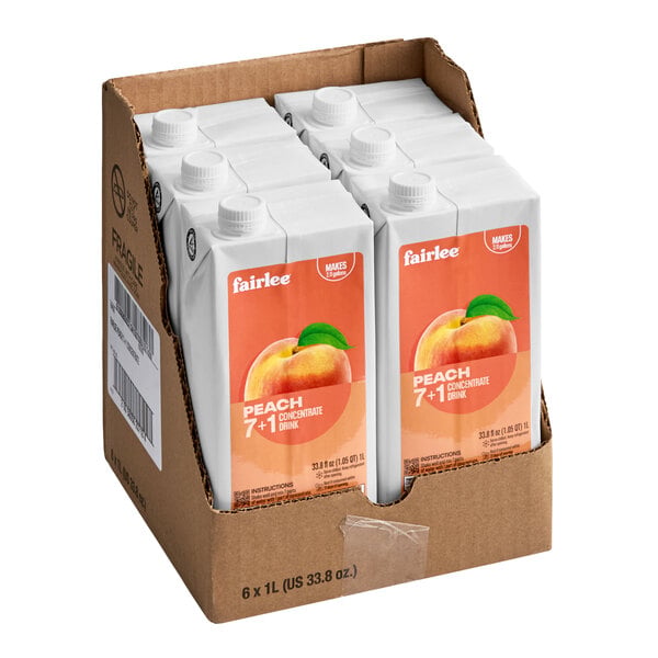 A case of six 33.8 fl. oz. cartons of Fairlee Peach 7:1 beverage concentrate.