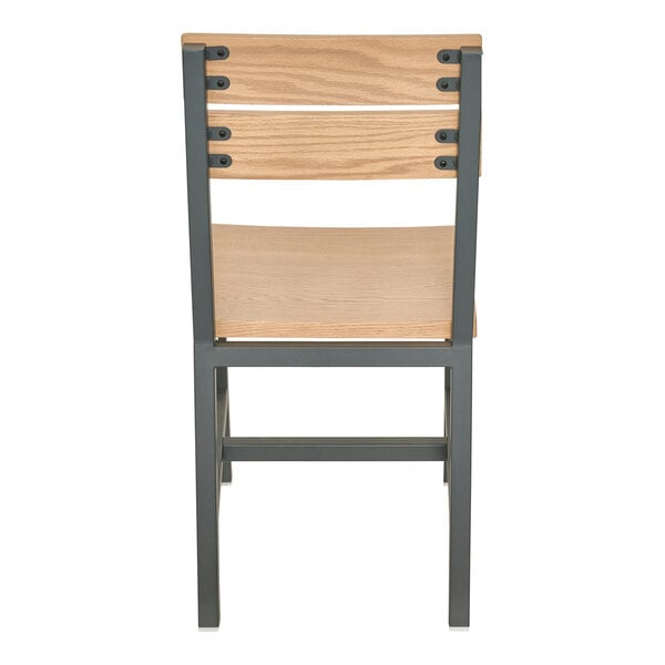 A chair with a powder-coated steel frame and natural oak slat back and seat.