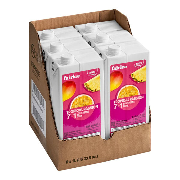 A case of six 1-liter cartons of Fairlee Tropical Passion 7:1 beverage concentrate.