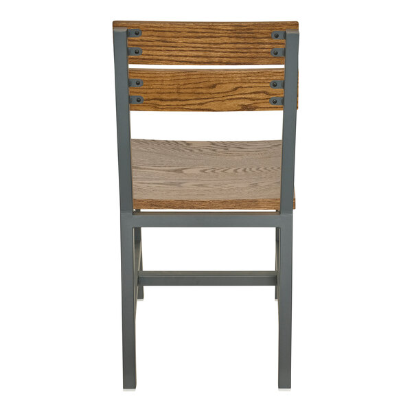 A metal-framed chair with a slatted wooden back and wooden seat.