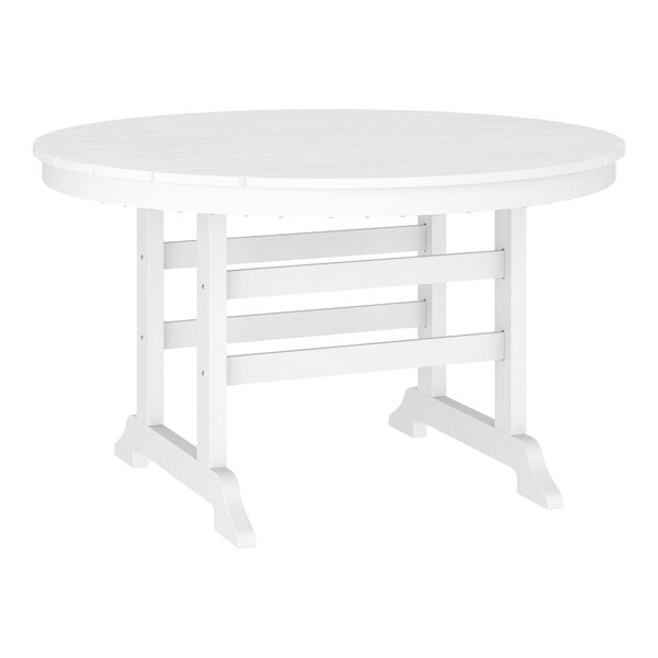 A round, white outdoor table with a slatted top and sturdy legs.