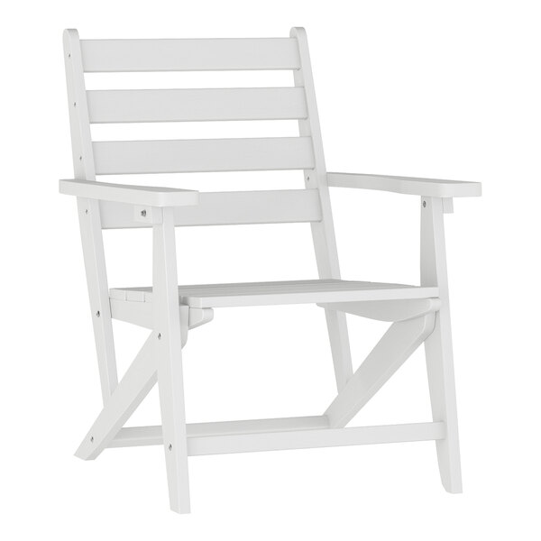 A white wooden Adirondack chair with a slatted back and seat, designed for outdoor use.