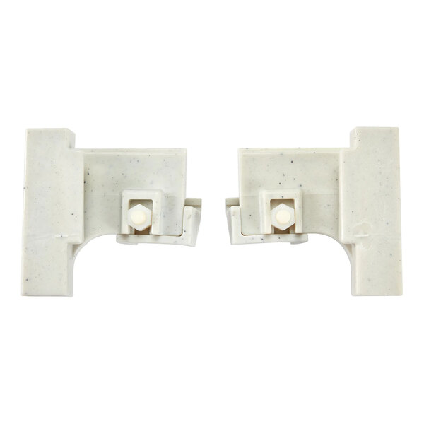A pair of gray heavy-duty corner connectors for Cambro Camshelving Premium shelving units.
