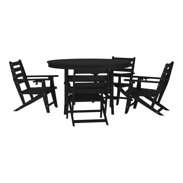 A black outdoor dining set featuring a round table and four Adirondack chairs.