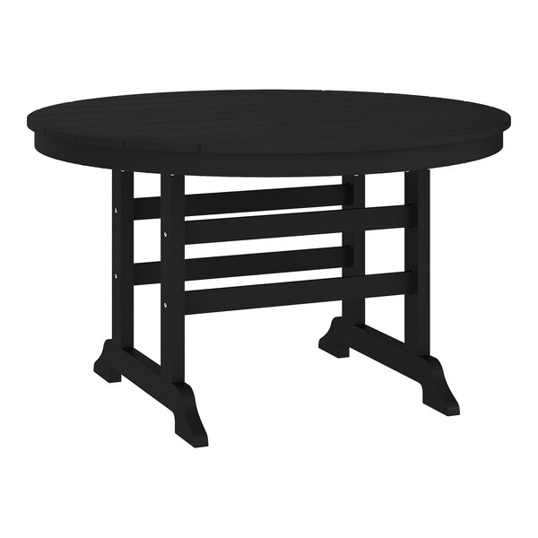 A round black outdoor table with a slatted top and sturdy legs.