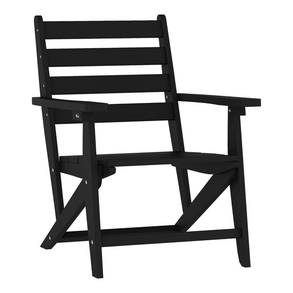 A black wooden Adirondack chair with a slatted back and seat, designed for outdoor use.