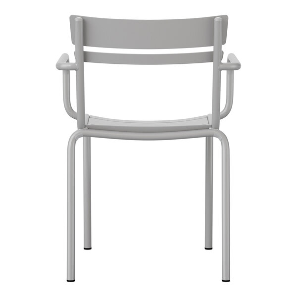 A silver steel stackable arm chair with a slat back design.