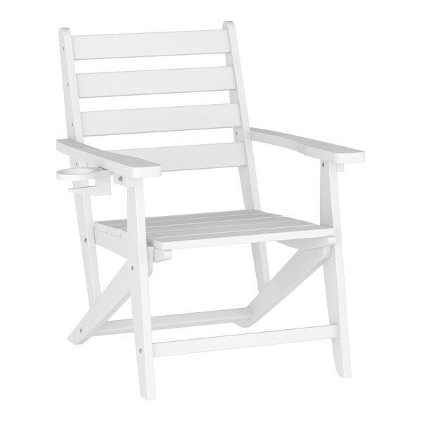 A white Adirondack chair made of HDPE material with a built-in cup holder on the armrest.