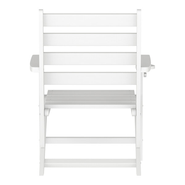 A white Adirondack chair with a slatted back and seat, armrests, and a built-in cup holder.