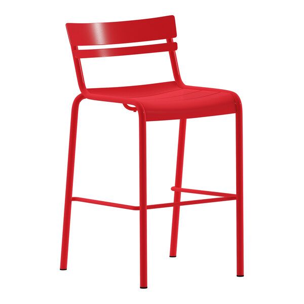 A red steel indoor or outdoor stackable slat back side bar stool.