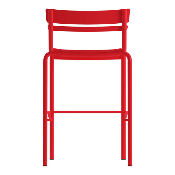 A red steel stackable slat back side bar stool suitable for indoor or outdoor use.