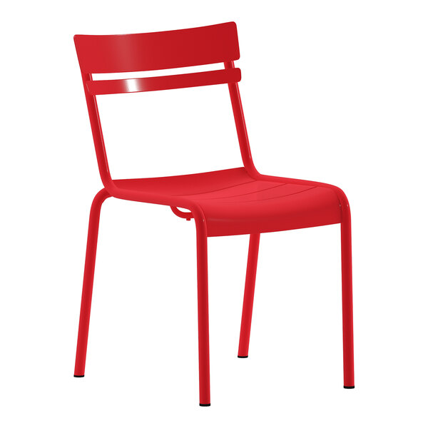 A red steel stackable side chair with a slat back design suitable for indoor or outdoor use.