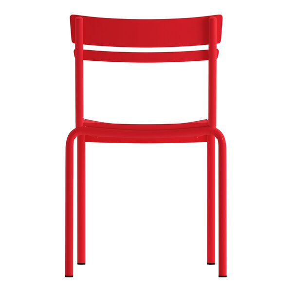 A red steel stackable slat back side chair suitable for indoor or outdoor use.