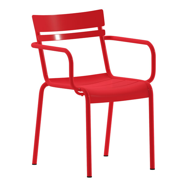 A red steel indoor or outdoor stackable arm chair with a slat back design.