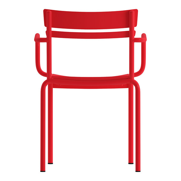 A red steel stackable arm chair with a slat back design suitable for indoor or outdoor use.