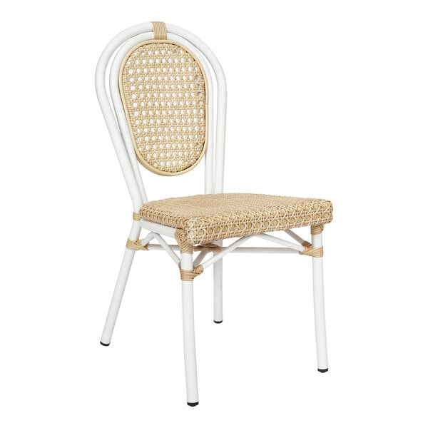 Flash Furniture Cannes Natural PE Cane Rattan Indoor / Outdoor Stacking Chair with White Aluminum Frame