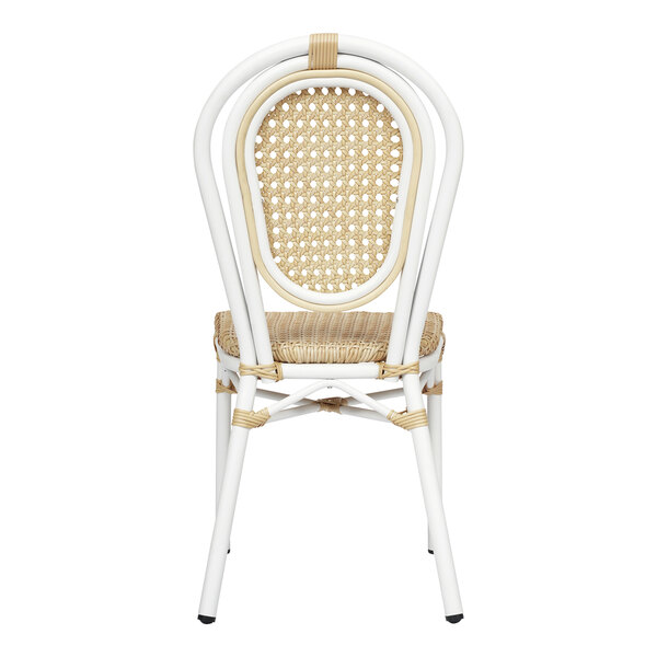 Flash Furniture Cannes Natural PE Cane Rattan Indoor / Outdoor Stacking Chair with White Aluminum Frame
