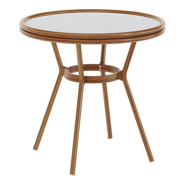 Flash Furniture Lourdes 31 1/2" White and Navy PE Rattan Bistro Table with Glass Top and Bamboo-Print Aluminum Frame