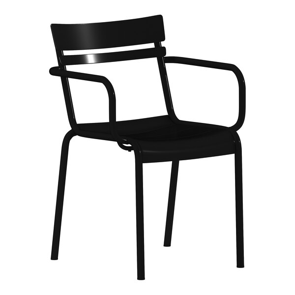A black steel stackable arm chair with a slat back design suitable for indoor or outdoor use.