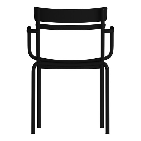 A black steel stackable arm chair with a slat back design suitable for indoor or outdoor use.