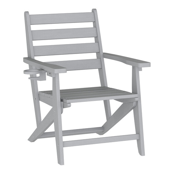 A gray HDPE Adirondack chair with a slatted back, armrests, and an attached cup holder.