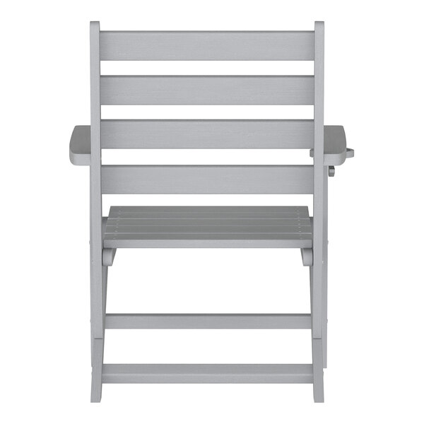 A gray HDPE Adirondack chair with a slatted back and seat, featuring a built-in cup holder on the armrest.