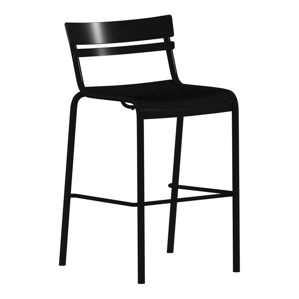A black steel stackable bar stool with a slat back design suitable for indoor or outdoor use.