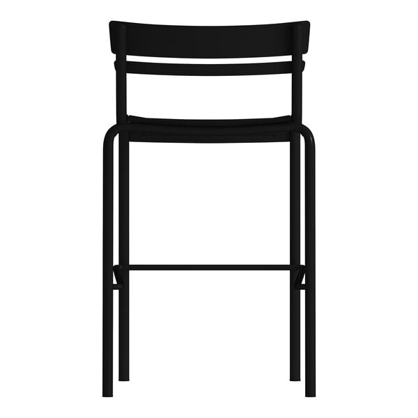 A black steel stackable slat back side bar stool suitable for indoor or outdoor use.