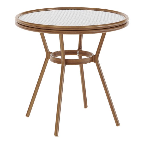 Flash Furniture Lourdes 31 1/2" White and Gray PE Rattan Bistro Table with Glass Top and Bamboo-Print Aluminum Frame
