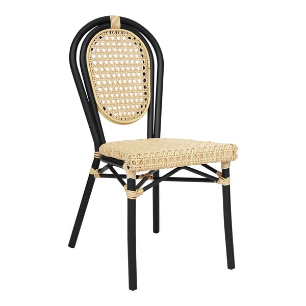 Flash Furniture Cannes Natural PE Cane Rattan Indoor / Outdoor Stacking Chair with Black Aluminum Frame