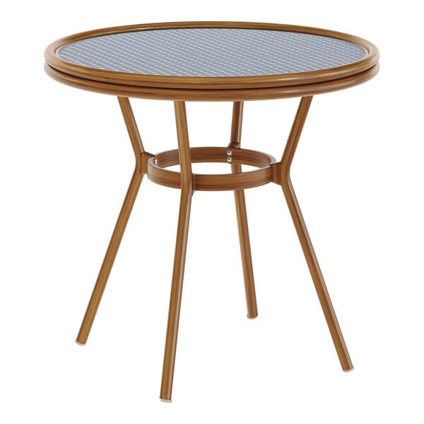 Flash Furniture Lourdes 31 1/2" Navy and White PE Rattan Bistro Table with Glass Top and Bamboo-Print Aluminum Frame