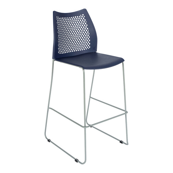 Flash Furniture RUT-498A-BS-NV-GG Hercules Navy Ventilated Contoured Stacking Bar Stool with Gray Sled Base