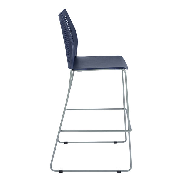 Flash Furniture RUT-498A-BS-NV-GG Hercules Navy Ventilated Contoured Stacking Bar Stool with Gray Sled Base