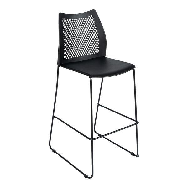 Flash Furniture RUT-498A-BS-BK-GG Hercules Black Ventilated Contoured Stacking Bar Stool with Black Sled Base